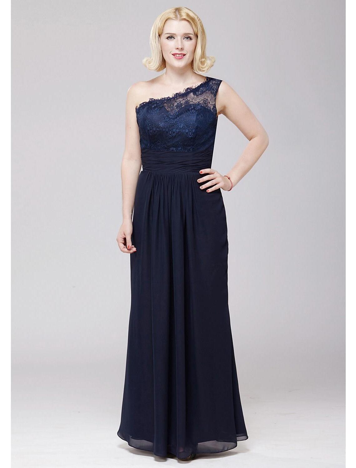 Luolandi A-Line Bridesmaid Dress One Shoulder Sleeveless Elegant Floor Length Chiffon / Lace with Lace / Sash / Ribbon